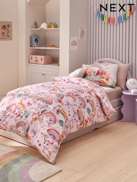 Pink Unicorn Rainbows 100% Cotton Printed Bedding Duvet Cover and Pillowcase Set (950826) | £24 - £36