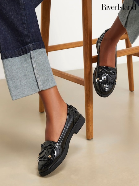 Black - River Island Patent Bow Fringed Loafers