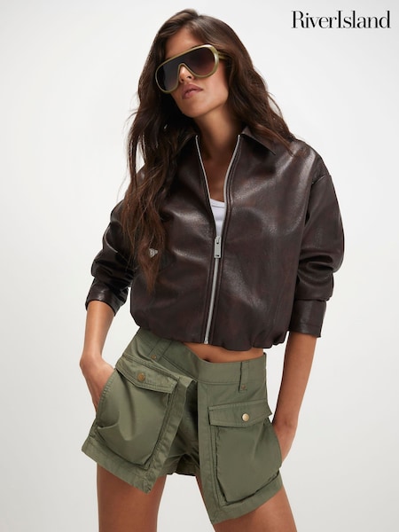 Brown - River Island Washed Faux Leather Bomber Jacket