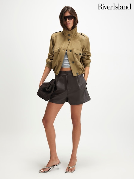 Green - River Island Faux Suede Funnel Neck Bomber Jacket