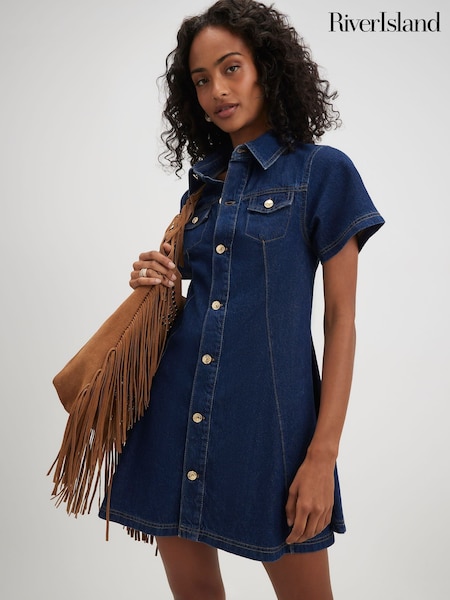 Blue - River Island Rolo Button Through Swing Dress