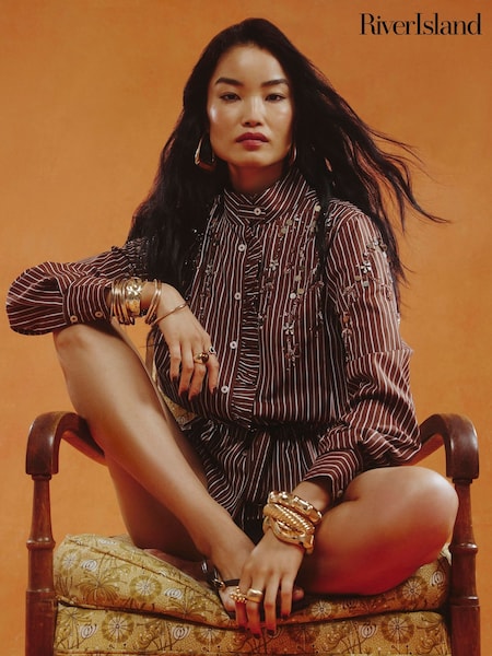 Brown - River Island Stripe Embroidered Belted Shirt