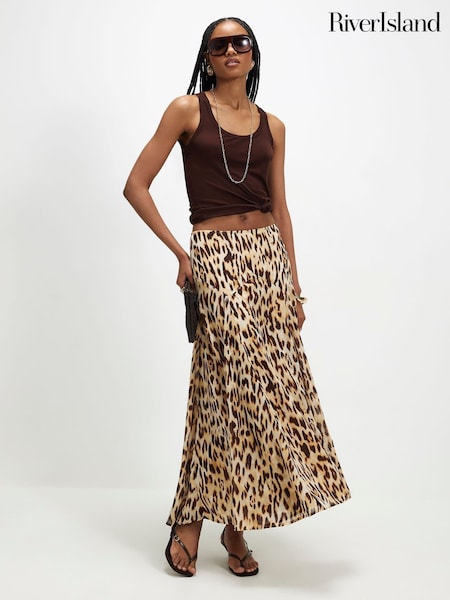 Brown - River Island Leopard Print Godet Midi Skirt