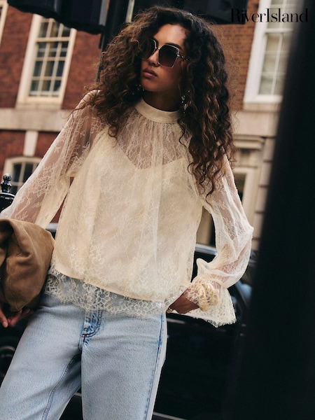 Cream - River Island Lace Bow Blouse