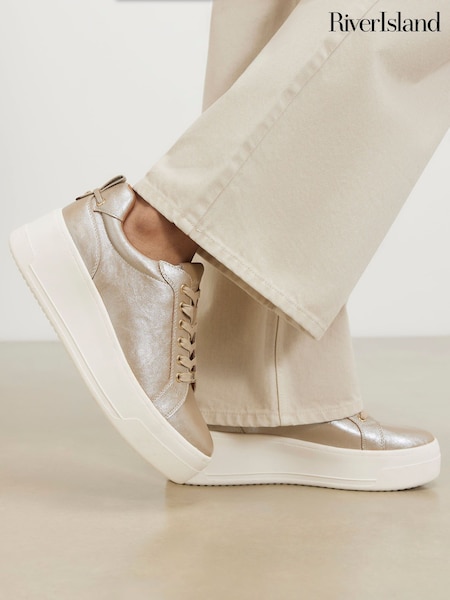 Gold - River Island Wide Fit Lace Up Flatform Shoes
