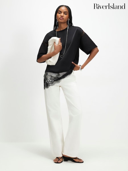 Black - River Island Satin Lace Boyfriend T-shirt