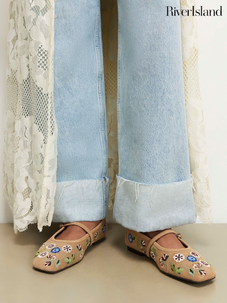 Brown - River Island Floral Embroidered Ballet Flats