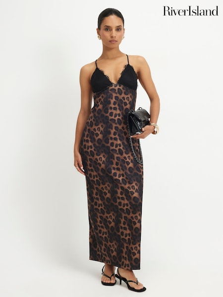 Brown - River Island Lace Trim Animal Maxi Dress