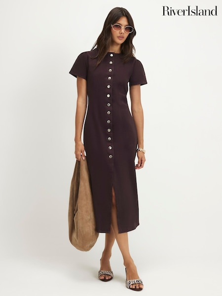 Brown - River Island Button Cap Sleeve Midi Dress