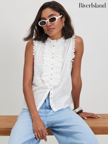 White - River Island Sleeveless Broderie Ruffle Blouse