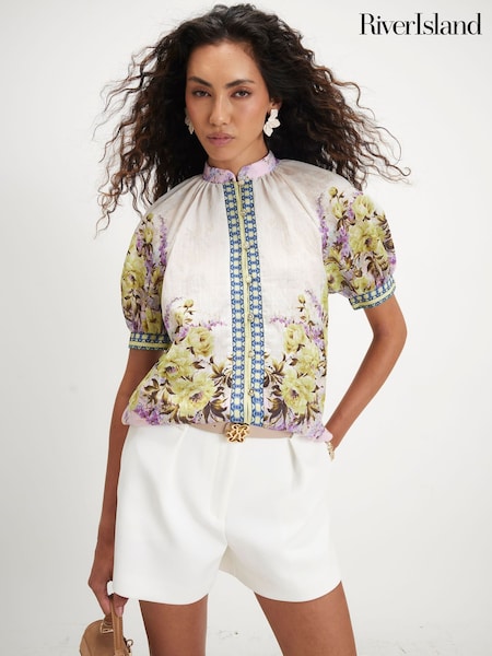 Cream - River Island Floral Puff Sleeve Blouse