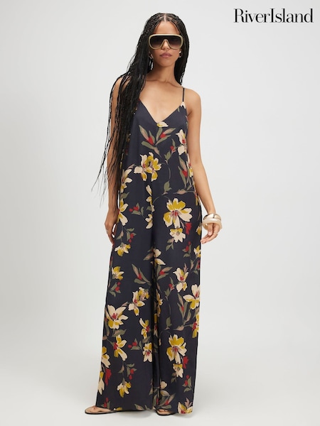 Black - River Island Floral Wide Leg Jumpsuit