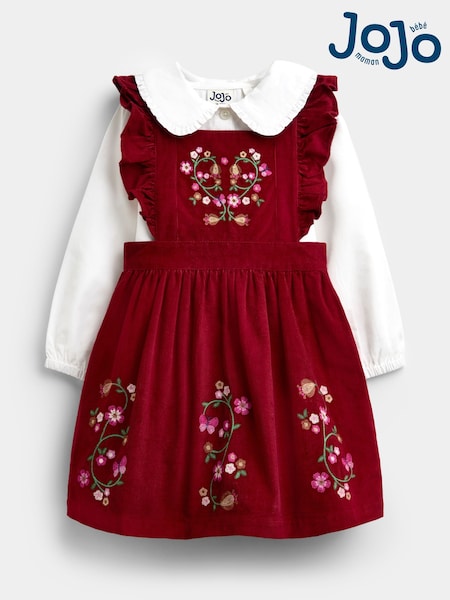 Burgundy Red Floral - Jojo Maman Bébé Embroidered Pinny Dress & Collar Blouse