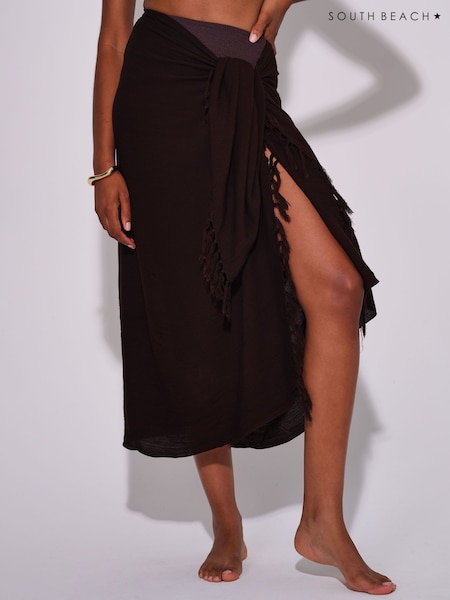 Brown - South Beach Crinkle Viscose Fringed Sarong