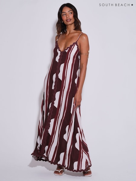 Red - South Beach Striped Ric Rac Detail Maxi Dress