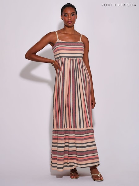Orange - South Beach Metallic Striped Tiered Maxi Dress