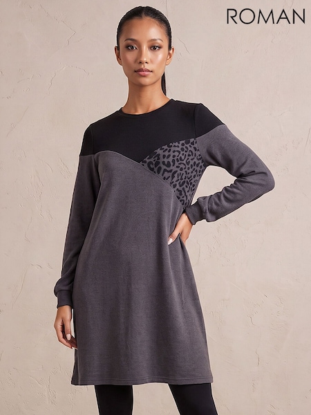 Grey - Roman Petite Stretch Animal Colour Block Dress