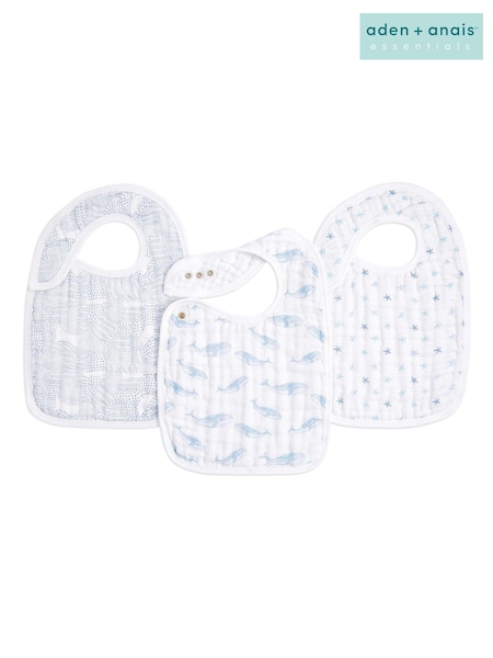 aden + anais Blue Organic Cotton Muslin Oceanic Snap Bibs 3 Pack (959806) | £22