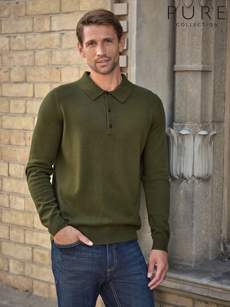 Green - Regular Pure Collection Cashmere Blend Long Sleeve Polo Shirt