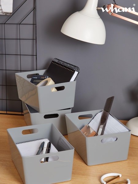 Wham Set of 4 Grey Studio Medium Rectangle Deep Plastic Storage Baskets (962135) | £15