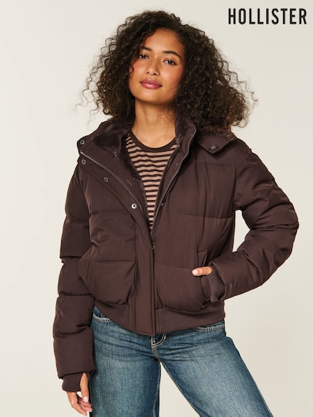 Brown - Hollister Feel Good Hooded Puffer Coat