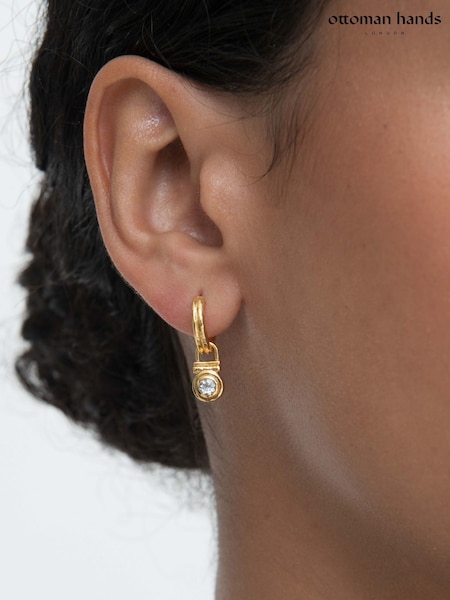 Gold Tone - Ottoman Hands White Topaz Drop Huggie Earrings