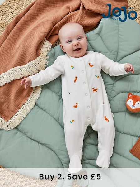 JoJo Maman Bébé White Fox Embroidered Cotton Baby Sleepsuit (966409) | £21