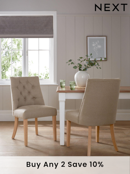 Set of 2 Soft Linen Look Light Natural Wolton Light Wood Leg Collection Luxe Button Dining Chairs (967981) | £340