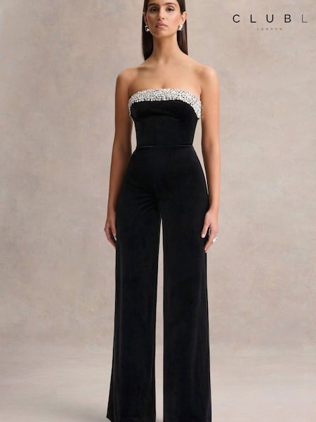 Black - Club L London Emelie Velvet Hand Embellished Bandeau Jumpsuit