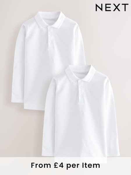 White 2 Pack 100% Cotton Long Sleeve School Polo Shirts (3-16yrs) (968394) | £8 - £14