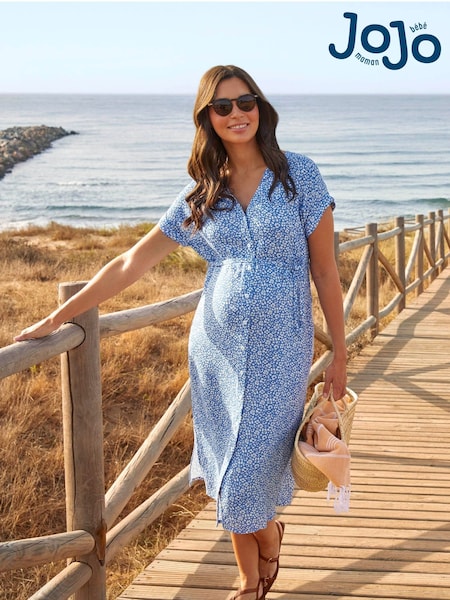 JoJo Maman Bébé Blue Animal Print Button Through V-Neck Maternity Midi Dress (968762) | £49