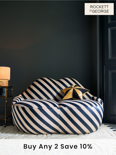 Rockett St George Studio Stripe Velvet Sand and Black Luscious Lips Small 2 Seater Sofa (971014) | £650