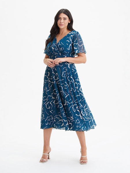 Scarlett & Jo Teal Blue Victoria Angel Sleeve Mesh Midi Dress (972630) | £85