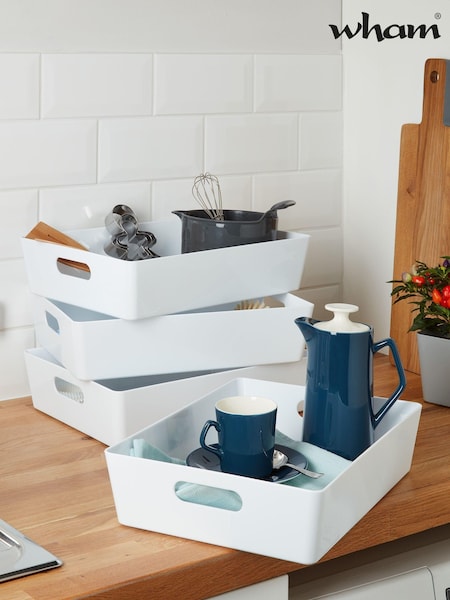 Wham Set of 4 White Studio Large Rectangle Slim Plastic Storage Baskets (973540) | £18