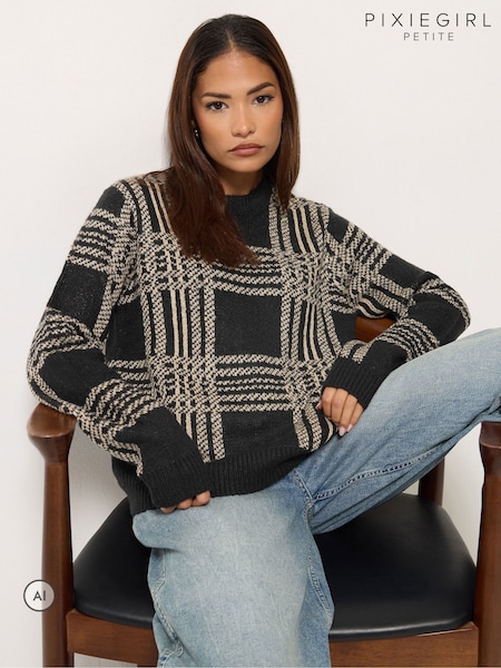 Black - Pixiegirl Petite Check Knitted Jumper