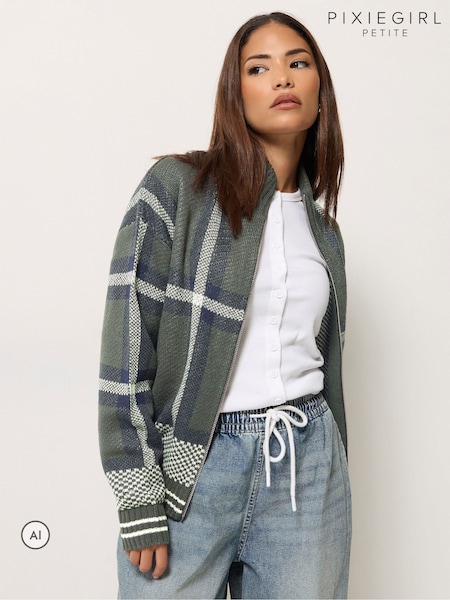 Green - Pixiegirl Petite Check Funnel Neck Bomber Jacket