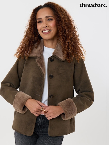 Brown - Threadbare Faux Suede Shacket With Collar