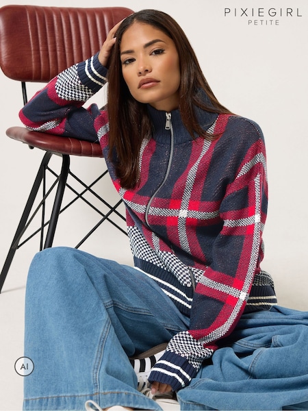 Blue - Pixiegirl Petite Check Funnel Neck Bomber Jacket