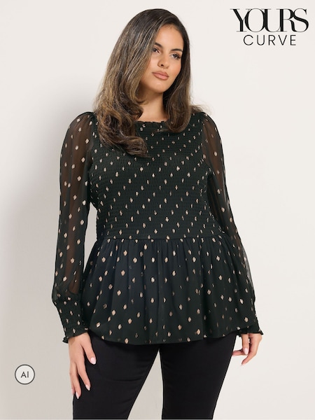 Black - Yours Curve Polka Dot Shirred Blouse