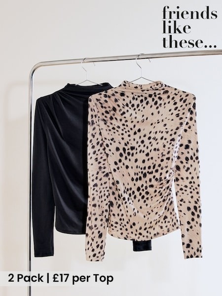 Black/Print - Friends Like These Draped Long Sleeve Tops 2 Pack