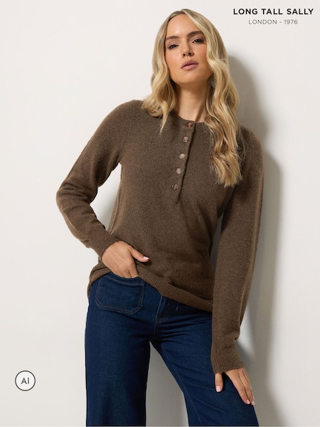 Brown - Long Tall Sally Half Button Knitted Jumper