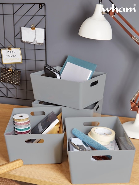 Wham Set of 4 Grey Large Studio Large Rectangle Deep Plastic Storage Baskets (977449) | £22