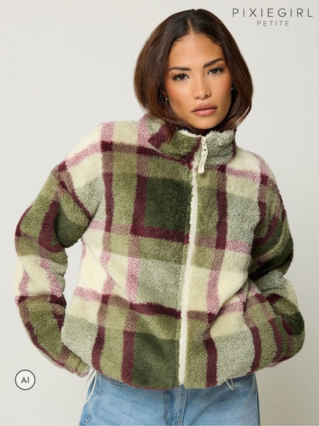 Green - Pixiegirl Petite Checkered Zip Fleece
