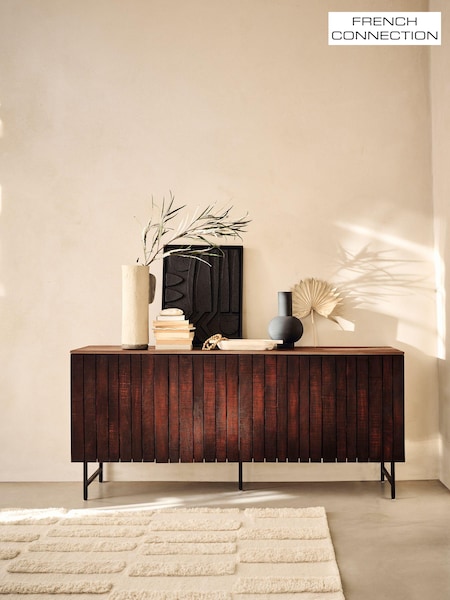 French Connection Slatted Mango Wood and Concrete Effect Top Large Sedona Sideboard (977578) | £699