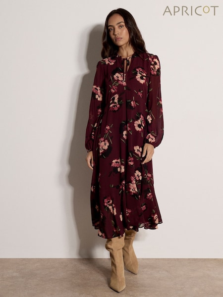 Purple - Apricot Floral Print Chiffon Midi Dress