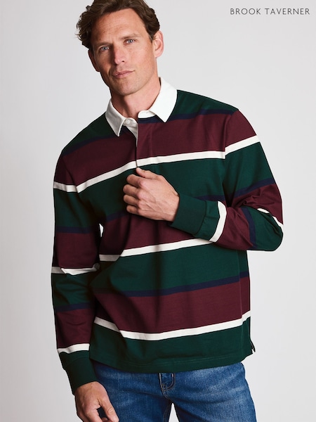 Green - Regular Brook Taverner Bar Stripe Cotton Rugby Shirt