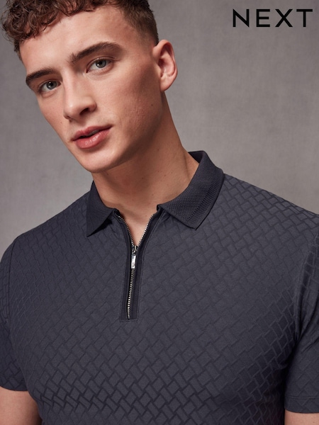 Dark Charcoal Grey Slim Fit Smart Quarter Zip Polo Shirt (978284) | £32