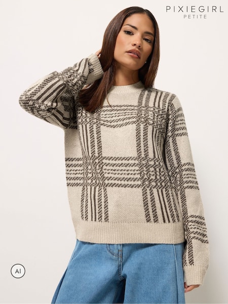 Natural - Pixiegirl Petite Check Knitted Jumper