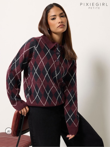 Red - Pixiegirl Petite Argyle Collar Jumper