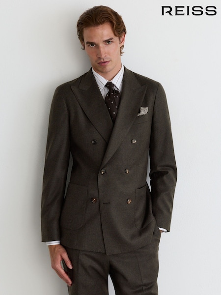 Chocolate Brown - Regular Reiss Combo Wool-blend Flannel Double-breasted Suit Blazer Classic-fit